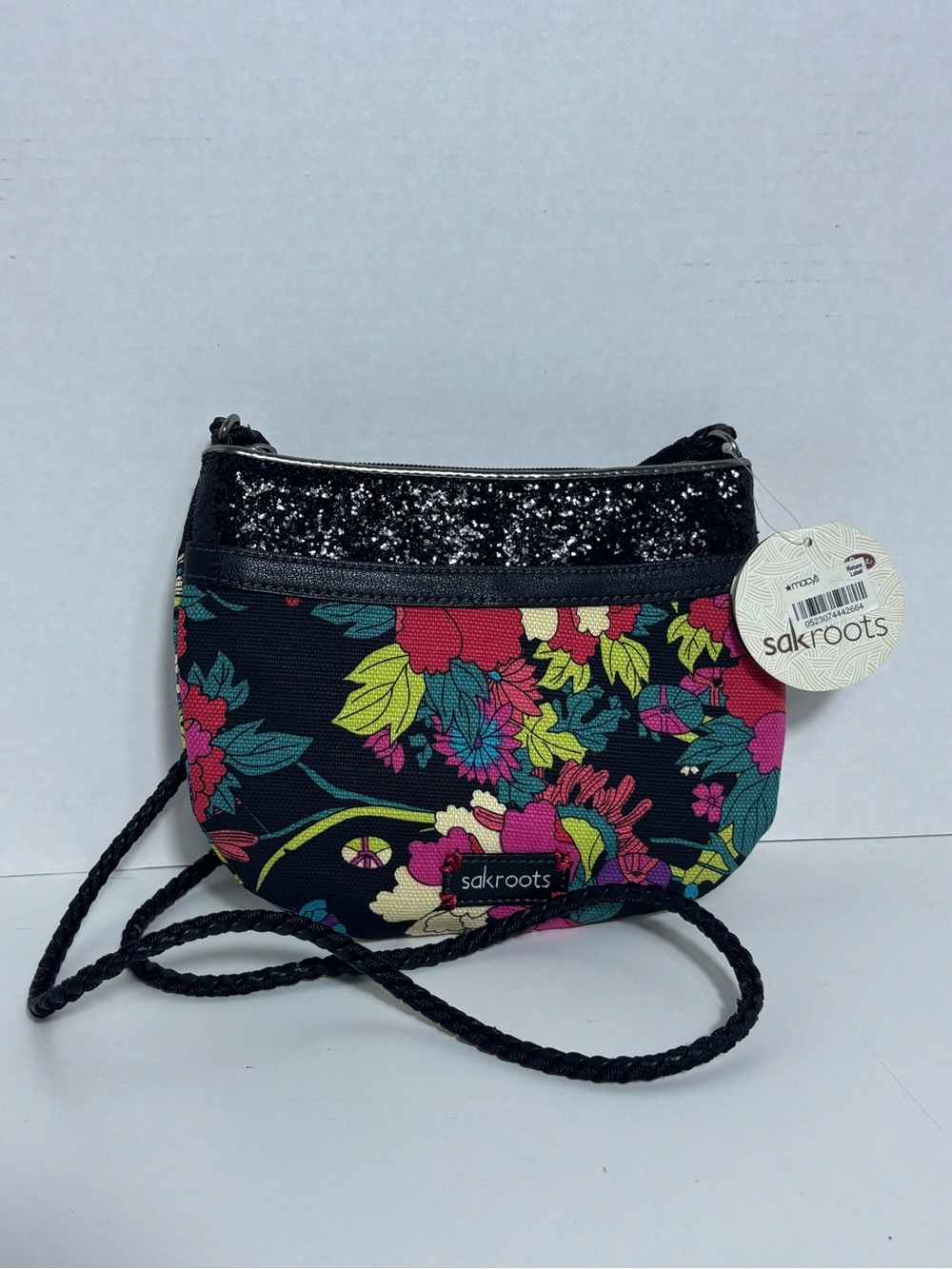 Sakroots Black Floral Crossbody with Multicolor Blooms and Glitter Trim